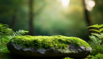 Fototapeta premium A stone covered with green moss in the garden. Wildlife landscape. Wide banner. Copy space
