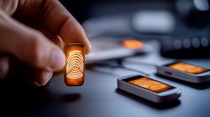 Close-up of a hand holding a fingerprint scanner with smartphones in the background, showcasing security technology