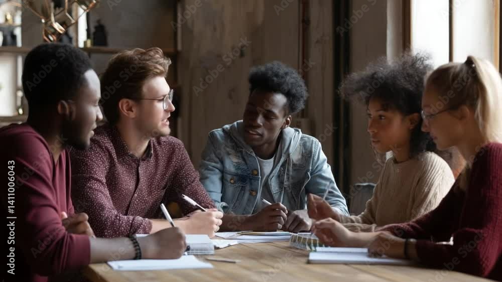 Poster multinational students collaborate on schoolwork at library table generative ai