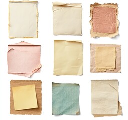 Collection of torn, aged paper pieces.