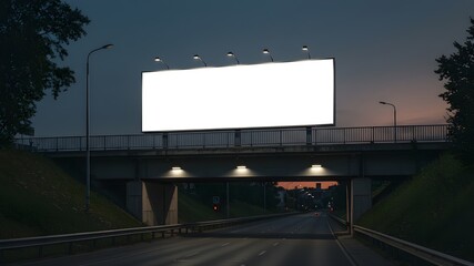 A realistic photo mockup of a straight bridge above an underpass at dusk. A blank white rectangular billboard is mounted on the bridge side, well-lit with spotlights. Strong angle, moody lighting.