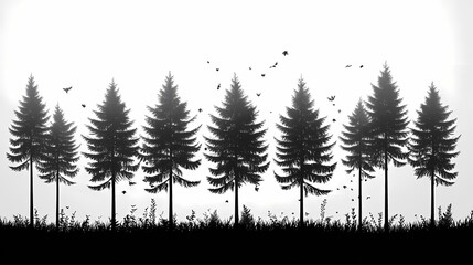 Black and White Silhouette of Pine Trees in a Misty Forest. Tranquil Scenic Nature Background