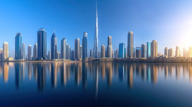 Dubai's skyline reflected in the calm waters of the Arabian Gulf