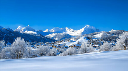 Snowy Mountain Range Landscape With Village Under Clear Blue Sky