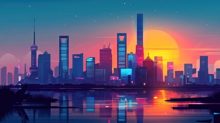 Futuristic Cityscape Reflection at Sunset with Vibrant Skyline