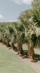 Obraz premium Palm Trees Lined Lawn Sunny Day