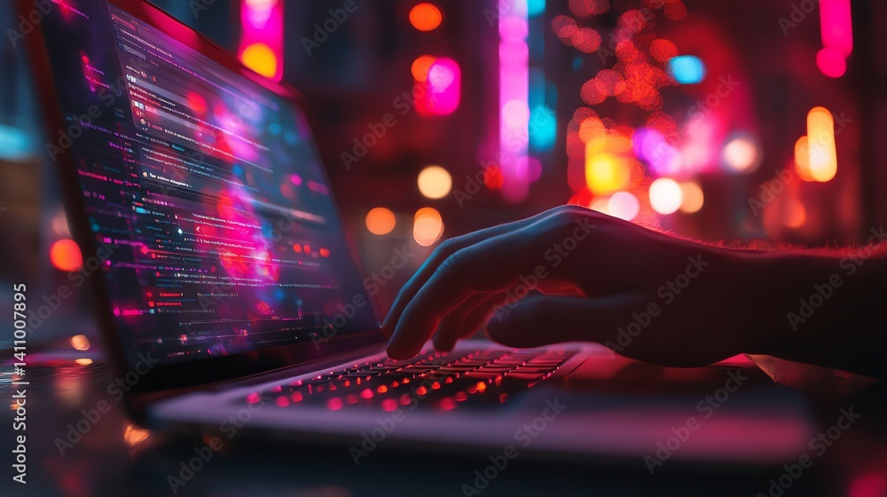 Aufkleber a person's hand types code on a laptop at night with colorful city lights blurred in the background.