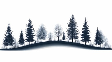 Fototapeta premium Black and White Silhouettes of Tall Pine Trees in Tranquil Forest Landscape - Fine Art Nature Illustration for Elegant Eco-Friendly Home Dcor