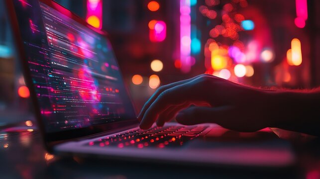 A person's hand types code on a laptop at night with colorful city lights blurred in the background.  Perfect for tech and programming concepts.
