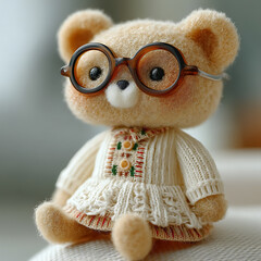 Cute teddy bear wearing knitted dress and round glasses sitting indoors