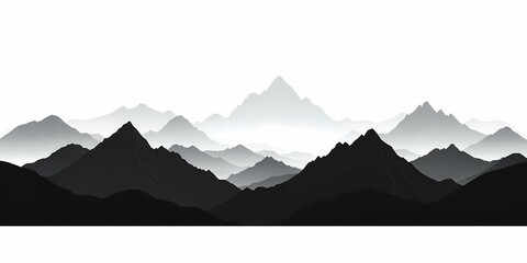 Monochrome Mountain Landscape. Abstract Black and White Scenic View with Serene Silhouetted Peaks and Textured Terrain