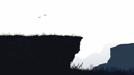 Tranquil Cliffside Landscape Silhouette Illustration. A Scenic Digital Art Composition with Mountains and Grass, Offering a Serene and Atmospheric Escape