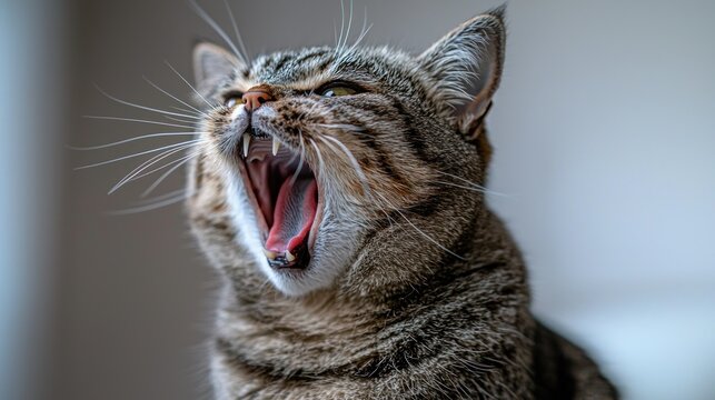 Tabby cat yawns, revealing teeth, mouth, and tongue in a close-up portrait