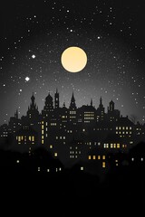 Urban Nighttime Cityscape with Silhouette Skyline Under Starry Moonlit Sky - Fantasy Art Deco Illustration for Tranquil Wallpaper