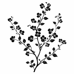 Black and White Floral Botanical Illustration. Abstract Vector Design of Blooming Branch with Leaves