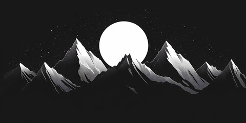 Night Mountains and Moon. Minimalist Digital Illustration of a Snowy Mountain Range Silhouette under a Starry Sky