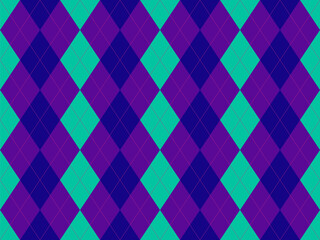 Vibrant argyle pattern in teal, purple, and navy.  Perfect for backgrounds, textiles, or fashion designs.