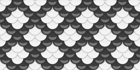 Sleek grayscale fish scale pattern.  Perfect for backgrounds, textures, or website design, evoking themes of protection, elegance, and seamless repetition. © Olena