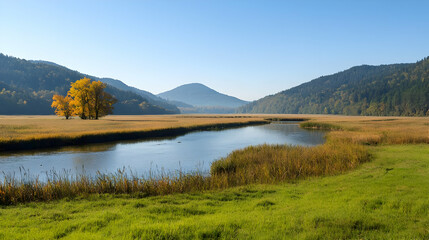 Obraz premium Autumnal River Valley Landscape With Golden Trees