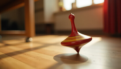  Spinning red and yellow wooden top on floor