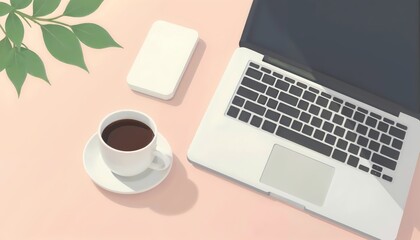 Minimal Workspace with Coffee, Laptop, and Green Leaves on Soft Peach Background