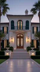 Naklejka premium Elegant Mediterranean-style house exterior at sunset, featuring arched windows, green shutters, symmetrical design, and manicured hedges for a luxurious ambiance 