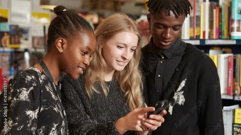 Poster students engage with smartphone in library during study session generative ai