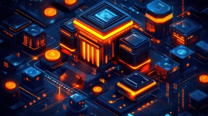 Futuristic city on a digital circuit board, showcasing interconnected buildings, glowing orange accents, and financial symbols