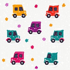 Playful Colorful Cartoon Cars in Snowy Winter Scene