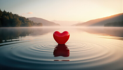 Red heart shape in calm lake at sunrise