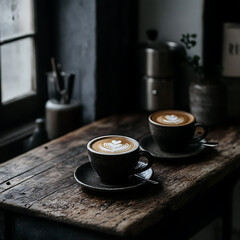 Two cups of latte with heart-shaped foam art on rustic wooden table in cozy cafe
