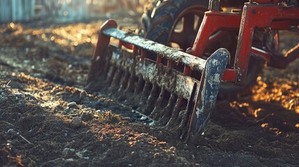 A tractor harrowing freshly tilled earth in a field setting