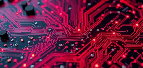 Intricate black & red circuit board pattern, glowing nodes, sharp angles, fiber, black