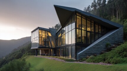 Obraz premium Modern hillside home with full-glass facade and sharp angles 