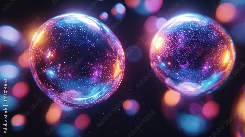 Poster two luminous spheres with internal textures and glowing bokeh on a dark backdrop