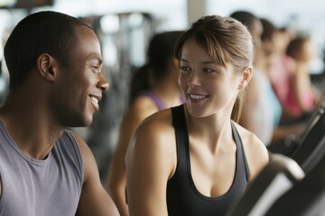 A smiling couple, looking at each other, enjoying a moment together in the gym during their workout.