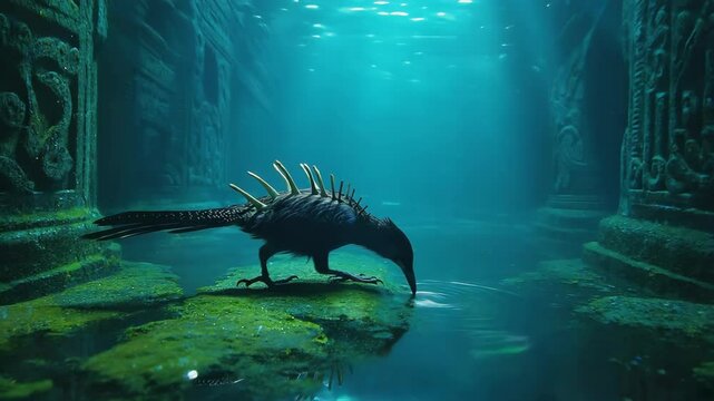 Mysterious Spiked Bird Drinks from Tranquil Underwater Temple Pool of Water
