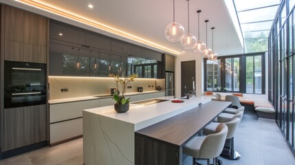 Modern kitchen-diner with architectural lighting and contrast finishes 