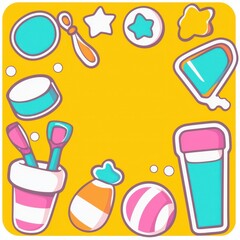 Playful Pastel Toys Cartoon Illustration on Yellow Background