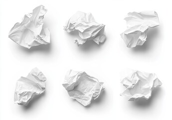 Six crumpled paper balls isolated on white.