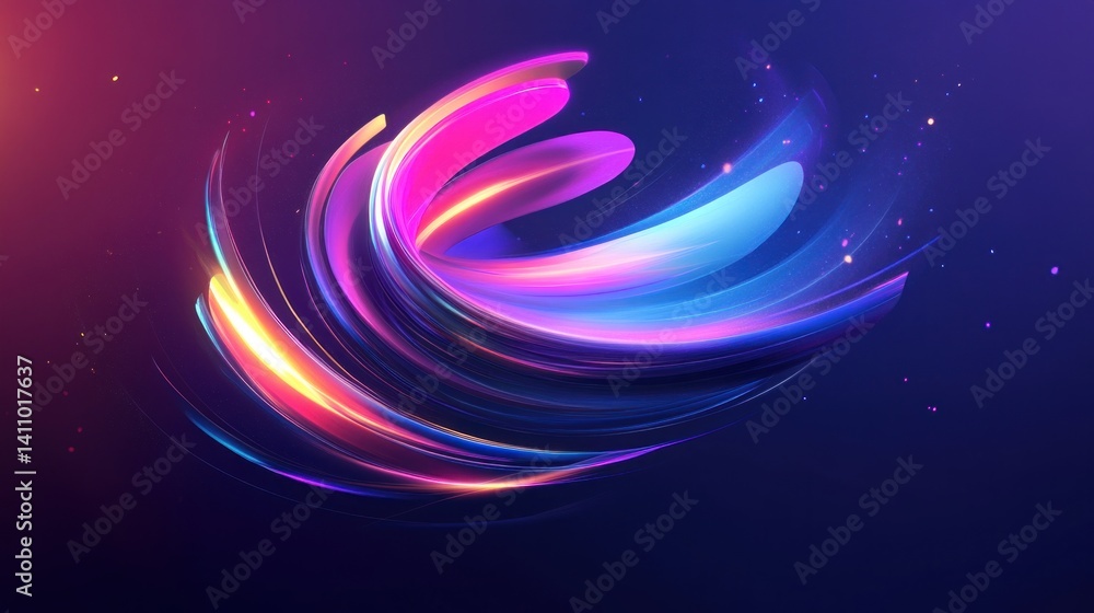 Poster dynamic multicolored light trails on a deep blue and purple gradient backdrop