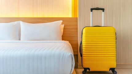 Bright yellow suitcase in modern hotel room interior design
