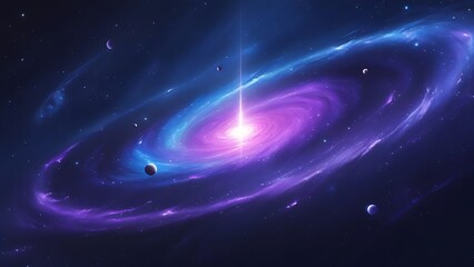 Obraz premium A majestic, swirling galaxy with vibrant shades of blue and purple, set against a dark, starry background, fills the frame.