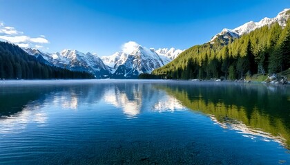 clear alpine lake reflecting snow-capped mountains, 