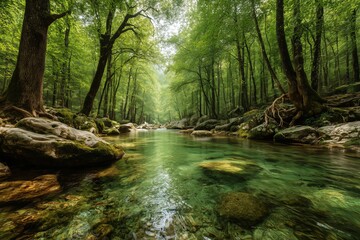 Fototapeta premium Crystal-Clear Mountain Stream Flowing Through Lush Green Forest – 4K Ultra-Detailed Image for Clean Water Preservation and Environmental Awareness