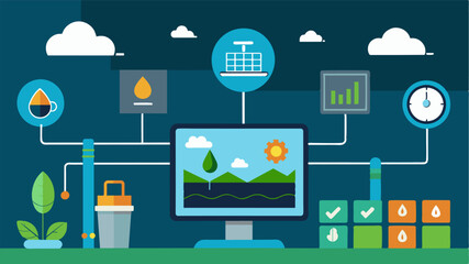 Realtime Monitoring An image showing a central control room where farmers can view realtime data on water usage soil conditions and weather allowing for quick decision making and. Vector illustration