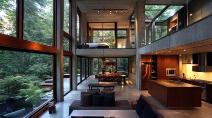 Fototapeta premium Modern sustainable home interior with recycled materials, energy-efficient fixtures, and a minimalist design