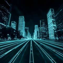 Fototapeta premium Futuristic Cityscape at Night: Neon Streets and Wireframe Buildings