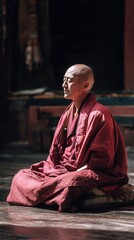Serene Monk Meditating in Lotus Position, Photo. Red Robe, Bald Head. Tranquil, Spiritual, Religion, Asian Culture. Soft Lighting, Dark Background.