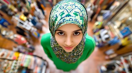 Young Muslim Woman in Green Dress and Hijab, Shopping Mall Overhead View
